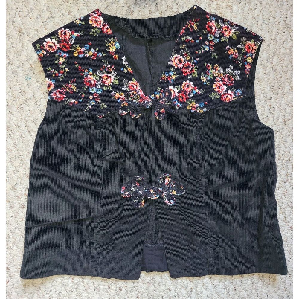 Vintage 70s Corduroy Floral Vest Handmade Groovy Retro Hippy XS/S Black